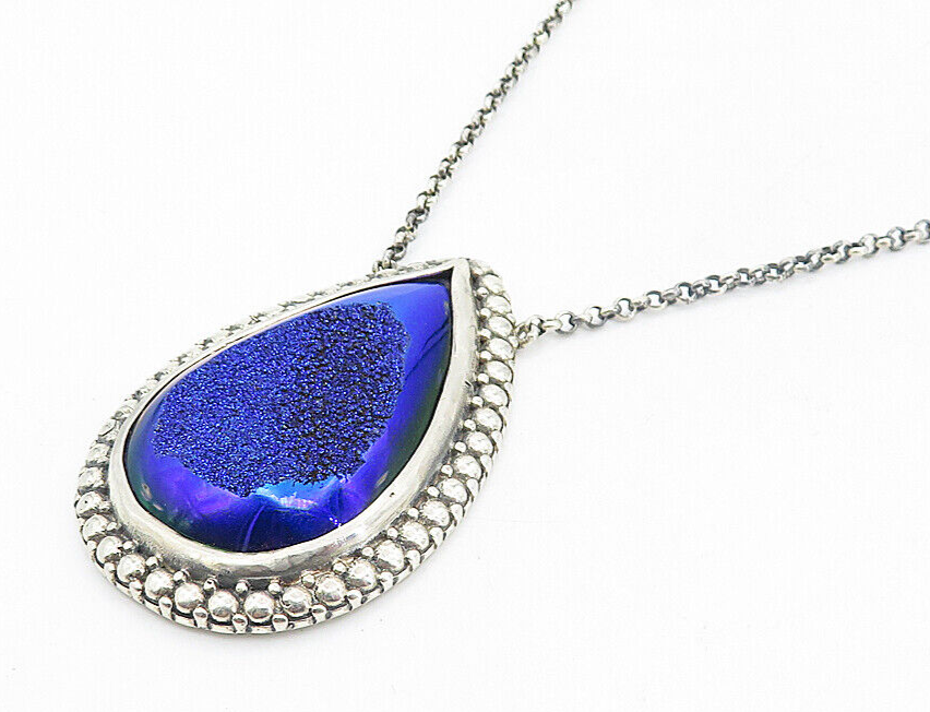 BERIA 925 Silver  Vintage Pear Shape Blue Druzy Stone Chain Necklace  NE1384