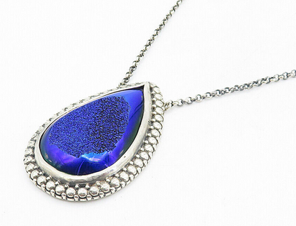 BERIA 925 Silver  Vintage Pear Shape Blue Druzy Stone Chain Necklace  NE1384