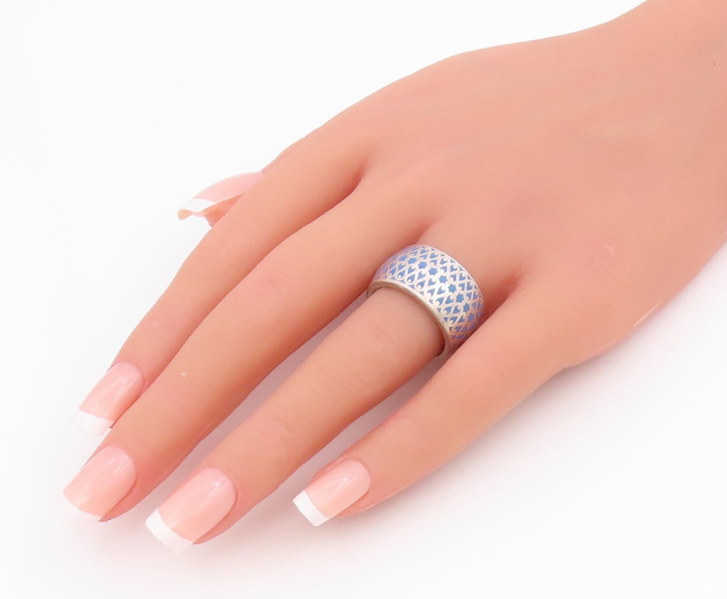 925 Sterling Silver Vintage Ring Blue Intricate Lattice Pattern  Sz 7  RG34497