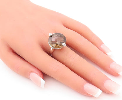 925 Sterling Silver Vintage Ring Designer Round Smoky Quartz Topaz Sz 7  RG29315