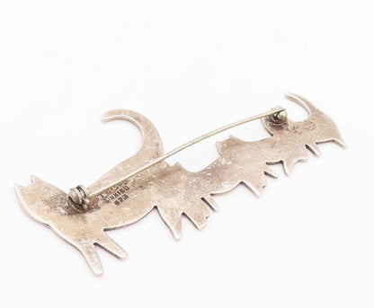 925 Sterling Silver Vintage Brooch Pin MEXICO Carved Kitten Family  BP11168