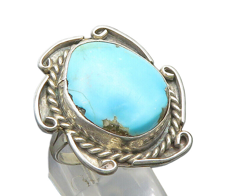 SOUTHWESTERN 925 Silver Vintage Twisted Rope Turquoise Ring Sz 8 RG24403