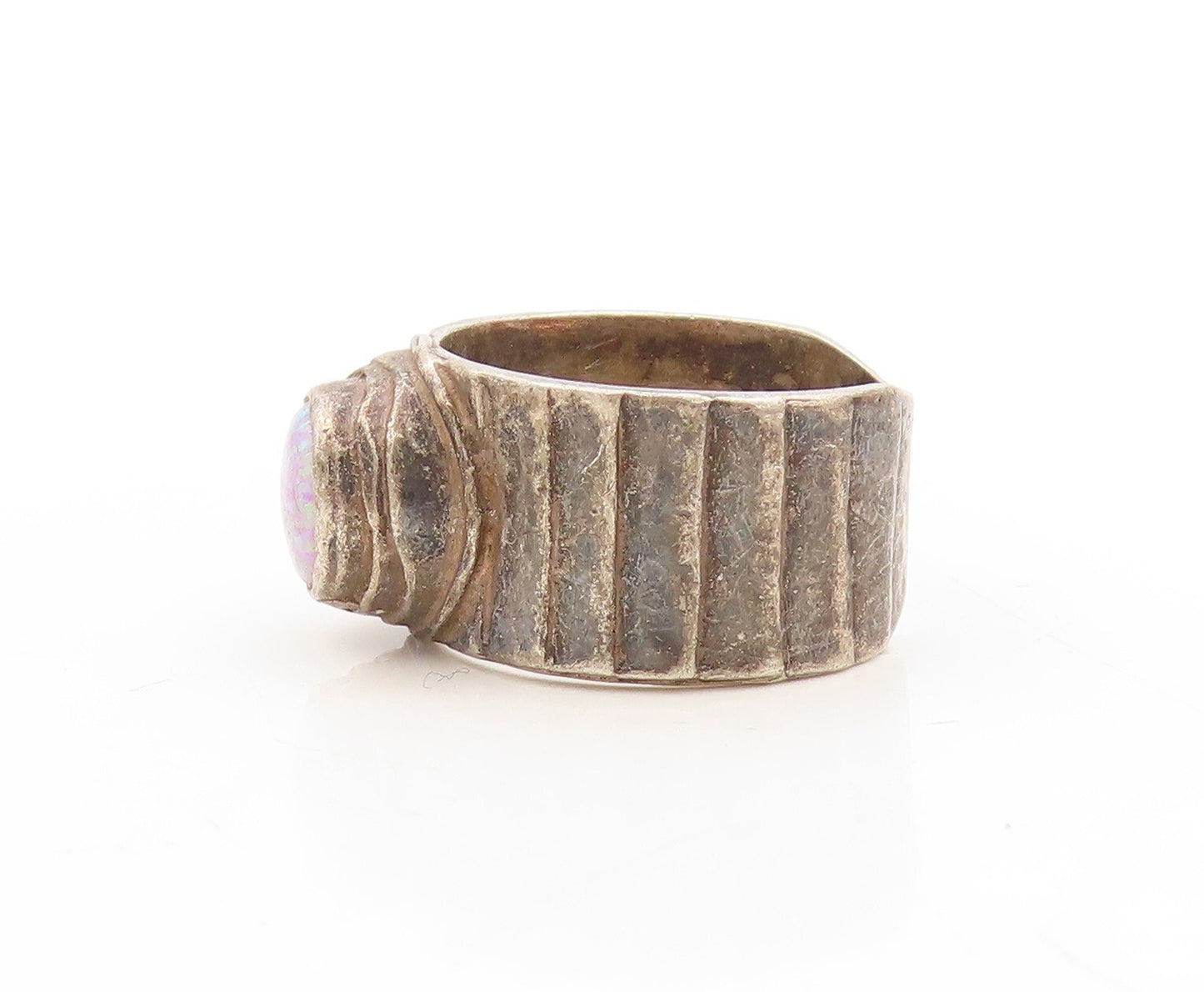 925 Sterling Silver Vintage Ring Dark Tone Brutalist Gemstone  Sz 8  RG31279