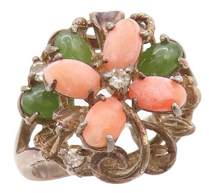 925 Sterling Silver Vintage Ring Dark Tone Floral Gemstones Inlay  Sz 7 RG31125