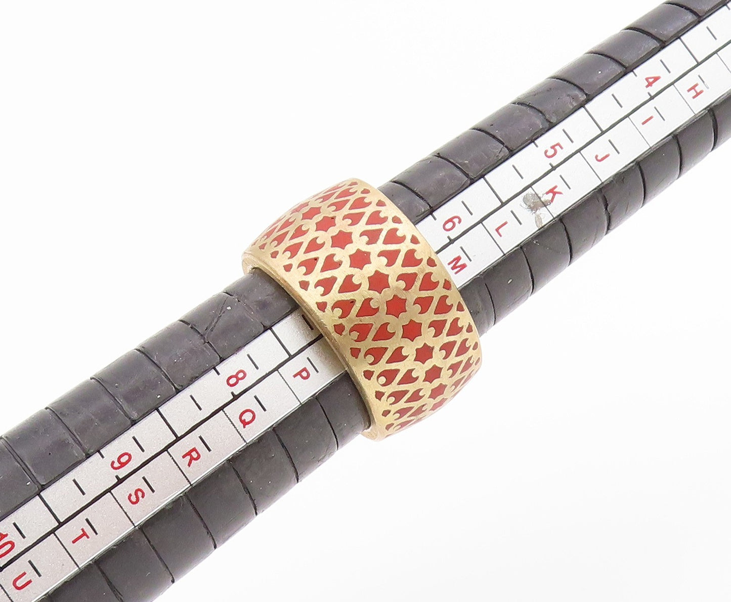 925 Sterling Silver Vintage Ring Gold Plated Red Lattice Pattern  Sz 7  RG34548