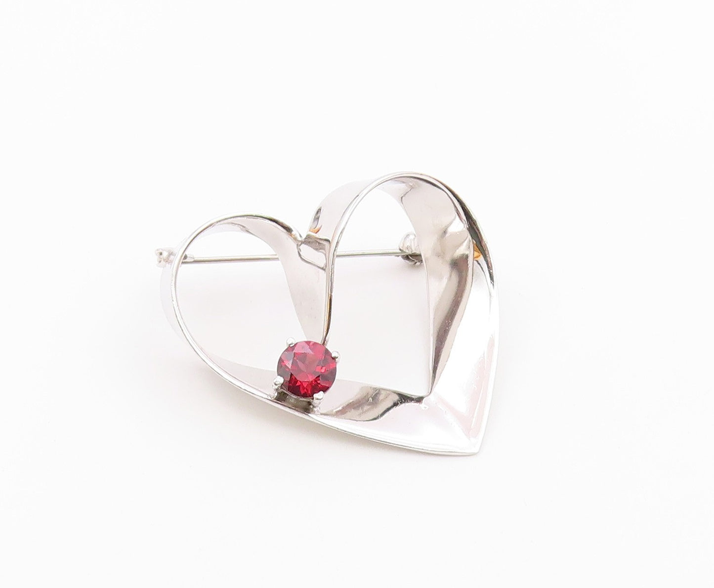 925 Sterling Silver  Vintage Garnet Shiny Love Heart Ribbon Brooch Pin  BP8226