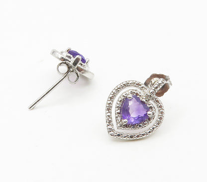 925 Sterling Silver  Genuine Diamonds & Amethyst Heart Drop Earrings  EG8432