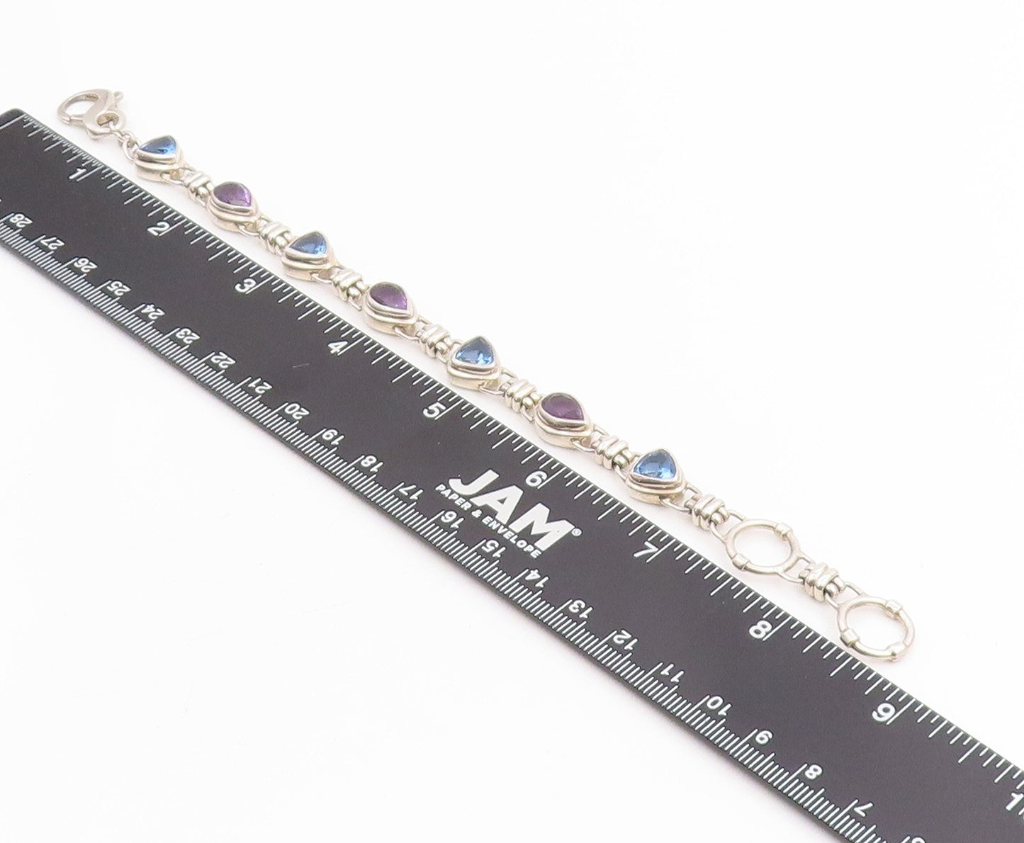 925 Sterling Silver Vintage Bracelet Amethyst & Blue Topaz Link Chain  BT11465