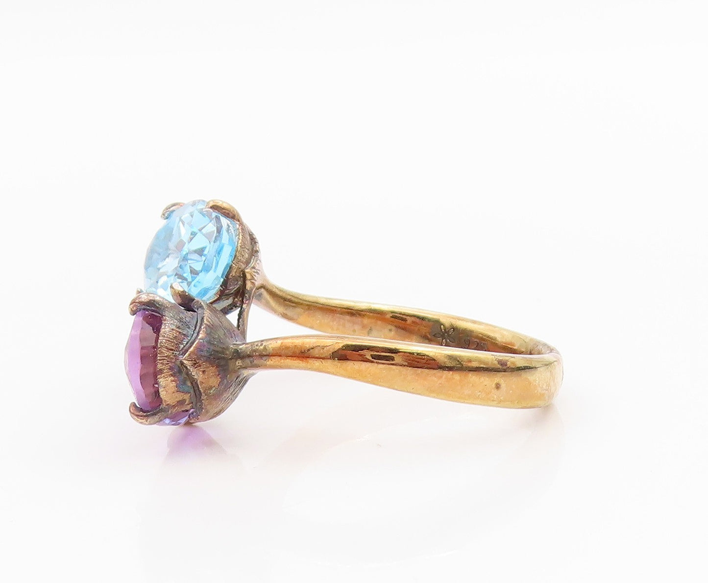 925 Sterling Silver Vintage Ring Gold Plated Amethyst & Blue Topaz Sz 10 RG34265