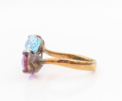 925 Sterling Silver Vintage Ring Gold Plated Amethyst & Blue Topaz Sz 10 RG34265
