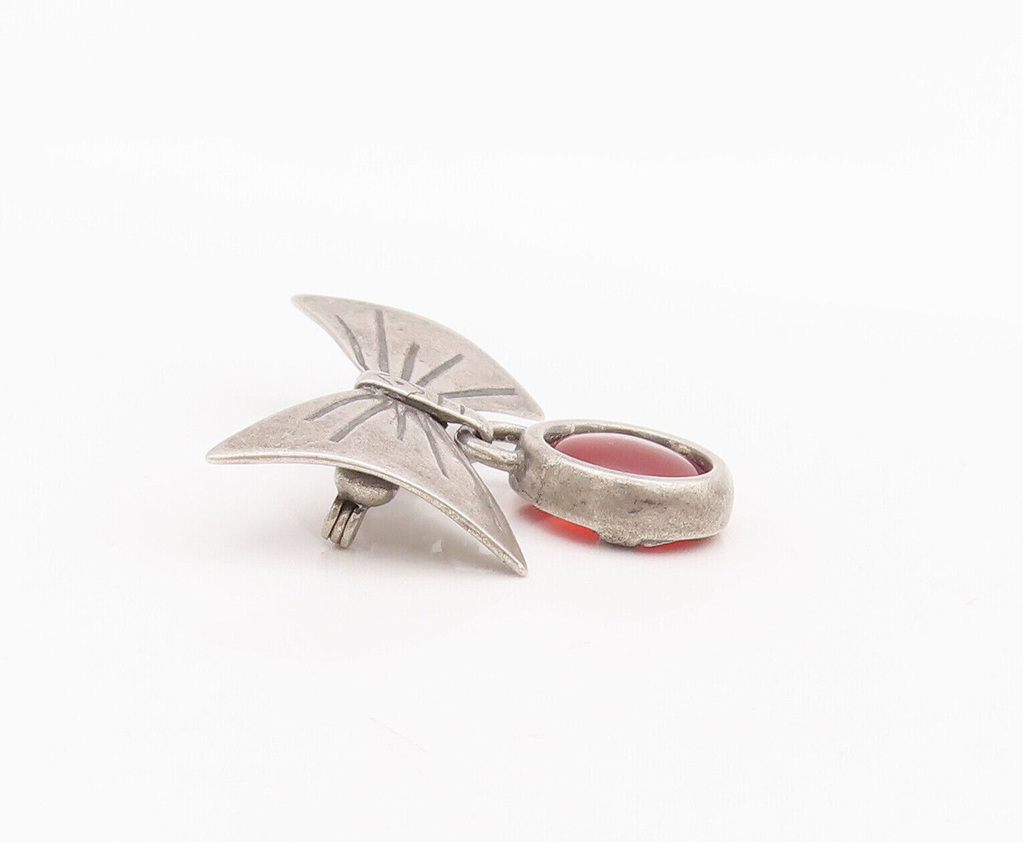 925 Sterling Silver Vintage Brooch Pin Carved Bow Dangling Carnelian  BP10865