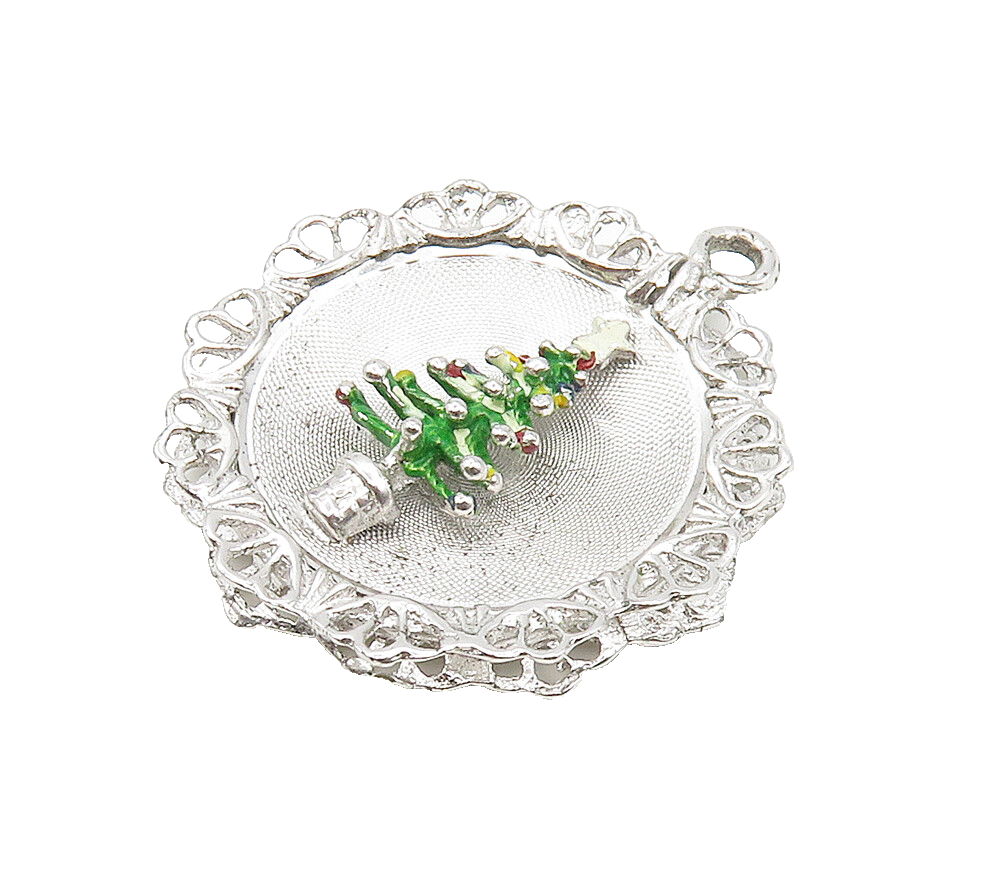 925 Sterling Silver  Vintage Christmas Tree Holiday Motif Pendant  PT12103