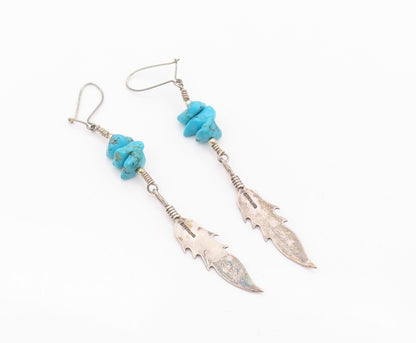 925 Sterling Silver Vintage Earrings NAVAJO Turquoise Carved Feather  EG13487