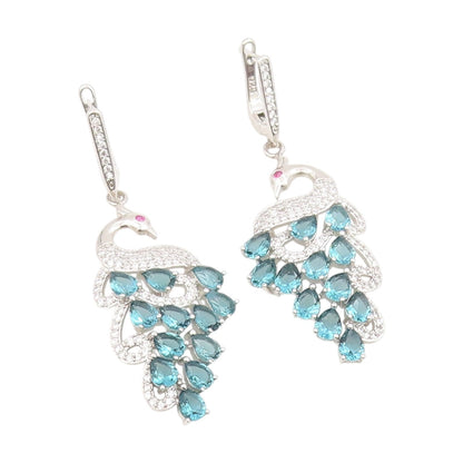 925 Sterling Silver Vintage Earrings Blue Topaz & CZ Peacock Dangles  EG13846