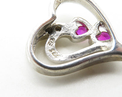 925 Silver  Vintage Genuine Diamonds & Pink Topaz Love Hearts Pendant  PT15149