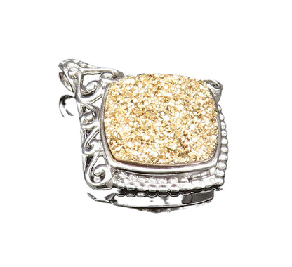925 Sterling Silver  Vintage Open Scroll Edge Drusy Quartz Pendant  PT20994