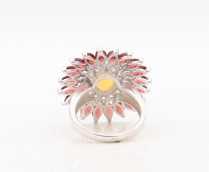 925 Sterling Silver Vintage Ring Fire Opal Garnet & Topaz Flower  Sz 7  RG30500