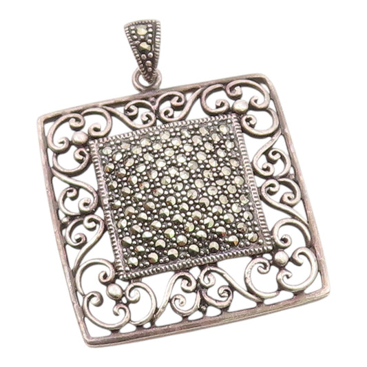 925 Sterling Silver  Vintage Marcasite Swirl Border Square Pendant  PT7295