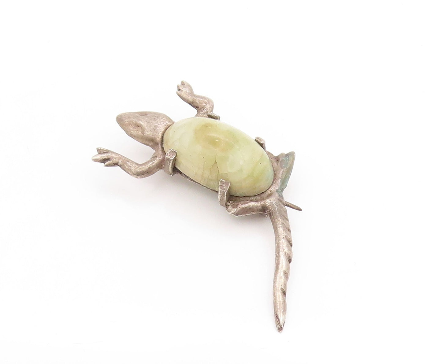925 Sterling Silver Vintage Brooch MEXICO Cabochon Jade Lizard Reptile  BP11916