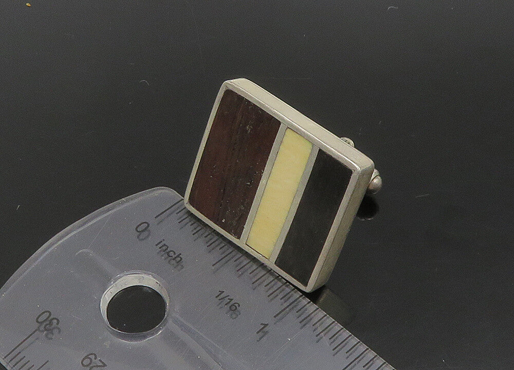 925 Sterling Silver  Vintage Inlaid Wood Heavy Square Cufflinks  TR3138