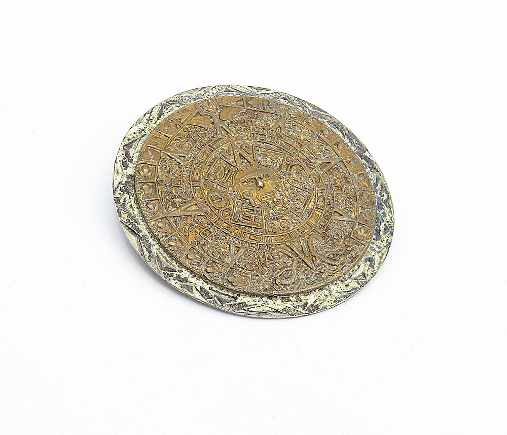 MEXICO 925 Silver  Vintage 2 Tone Mayan Aztec Sun Calendar Brooch Pin  BP1668