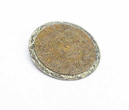 MEXICO 925 Silver  Vintage 2 Tone Mayan Aztec Sun Calendar Brooch Pin  BP1668
