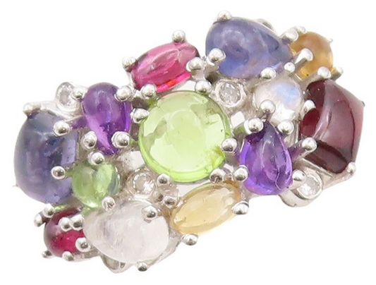 925 Sterling Silver Vintage Ring Cabochon Multi Color Gemstones  Sz 7 RG30789
