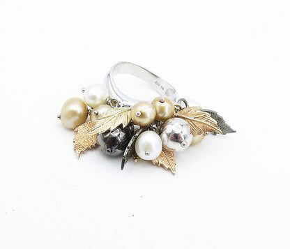 925 Sterling Silver  Freshwater Pearls Leaf Charmed Cluster Ring Sz 6  RG7309