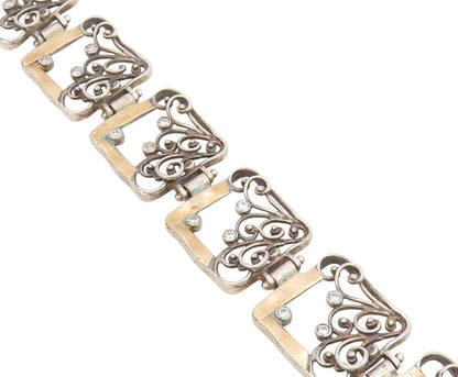 14k Gold & 925 Sterling Silver Vintage Bracelet CZ Floral Panel Link  BT11846