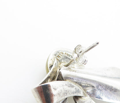 MEXICO 925 Silver Vintage Shiny 2 Tone Modernist Ribbon Drop Earrings EG3328