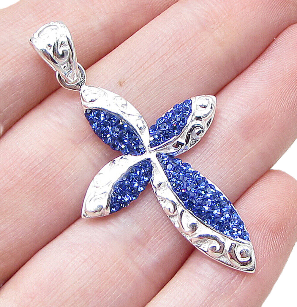 925 Sterling Silver  Blue Crystals Filigree Religious Cross Drop Pendant PT1429