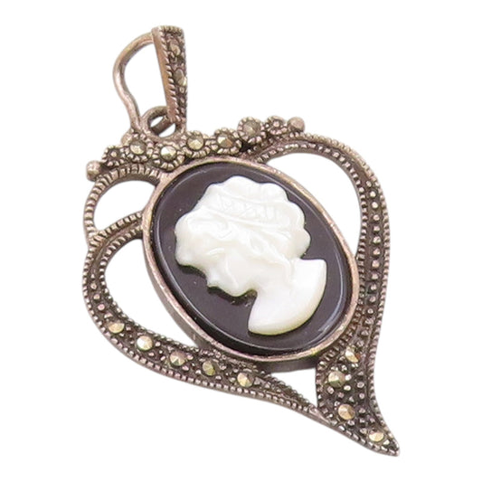 925 Silver  Vintage Mother Of Pearl Woman Onyx & Marcasite Pendant  PT21109