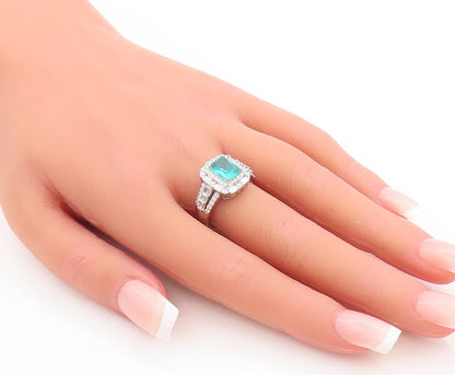 925 Sterling Silver Vintage Ring Rectangle Cut Aquamarine & CZ   Sz 7  RG29019