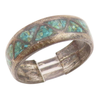 925 Sterling Silver Vintage Ring Crushed Turquoise Triangle Inlay Sz 10 RG35686