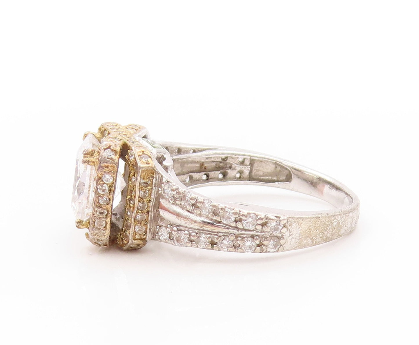 925 Sterling Silver Vintage Ring Designer Square Halo Round CZ  Sz 8.5  RG32997