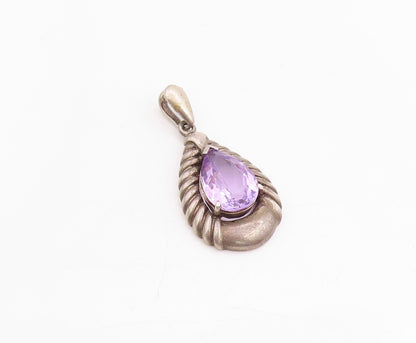 925 Sterling Silver Vintage Pendant Dark Tone Framed Drop Cut Amethyst  PT24555