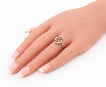 925 Sterling Silver Vintage Ring Pear Cut Citrine Halo CZ Band  Sz 7  RG36549