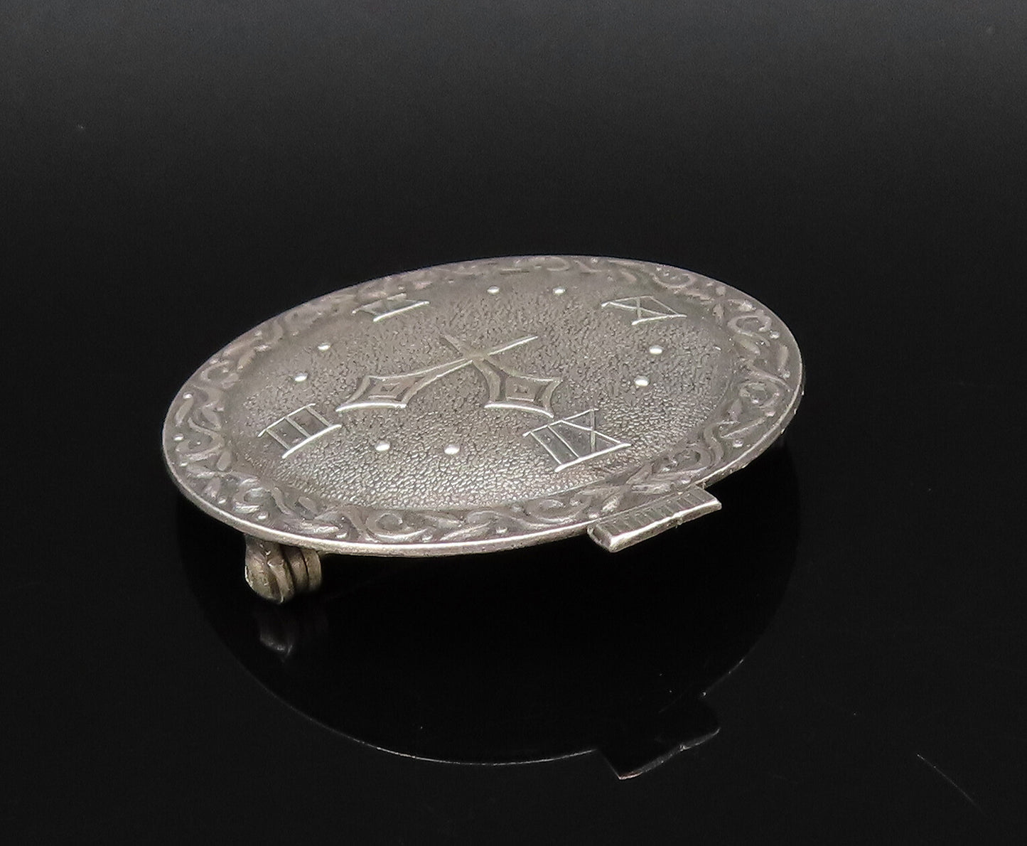 P&B 925 Silver  Vintage Antique Swirl Edge Wall Clock Brooch Pin  BP9977