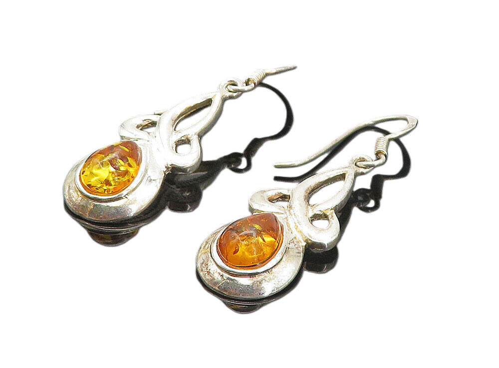 925 Sterling Silver  Cabochon Cut Amber Celtic Knot Dangle Earrings  EG3793