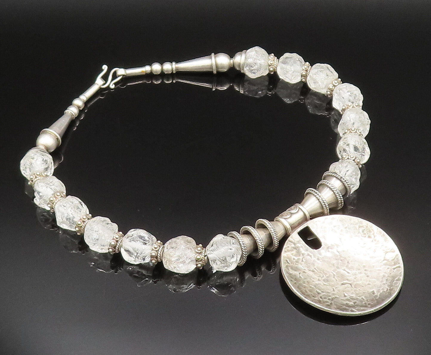 Solid Silver Vintage Heavy Hammered Circle Beaded Clear Stone Necklace  NE3916