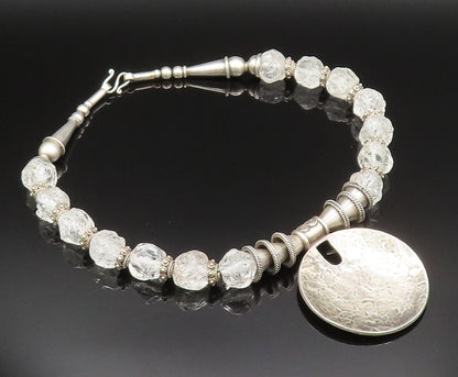 Solid Silver Vintage Heavy Hammered Circle Beaded Clear Stone Necklace  NE3916