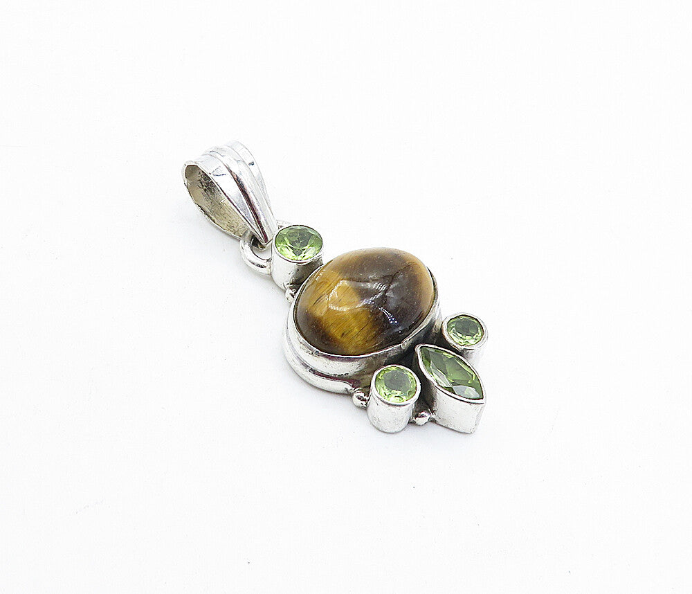 925 Sterling Silver  Vintage Cabochon Cut Tiger's Eye & Peridot Pendant PT3099