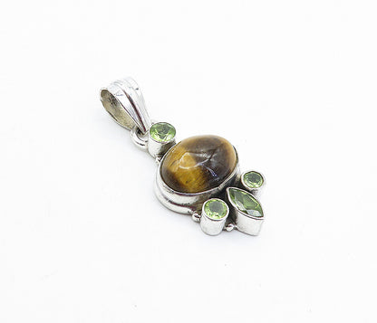 925 Sterling Silver  Vintage Cabochon Cut Tiger's Eye & Peridot Pendant PT3099