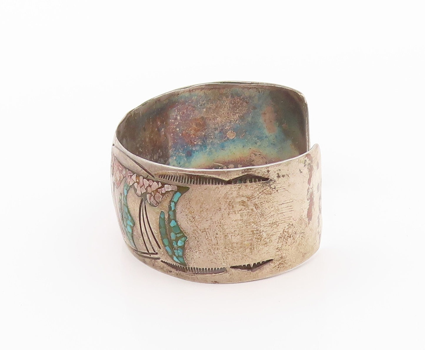 925 Sterling Silver Vintage Bracelet NAVAJO ZUNI Crushed Turquoise Cuff  BT11087