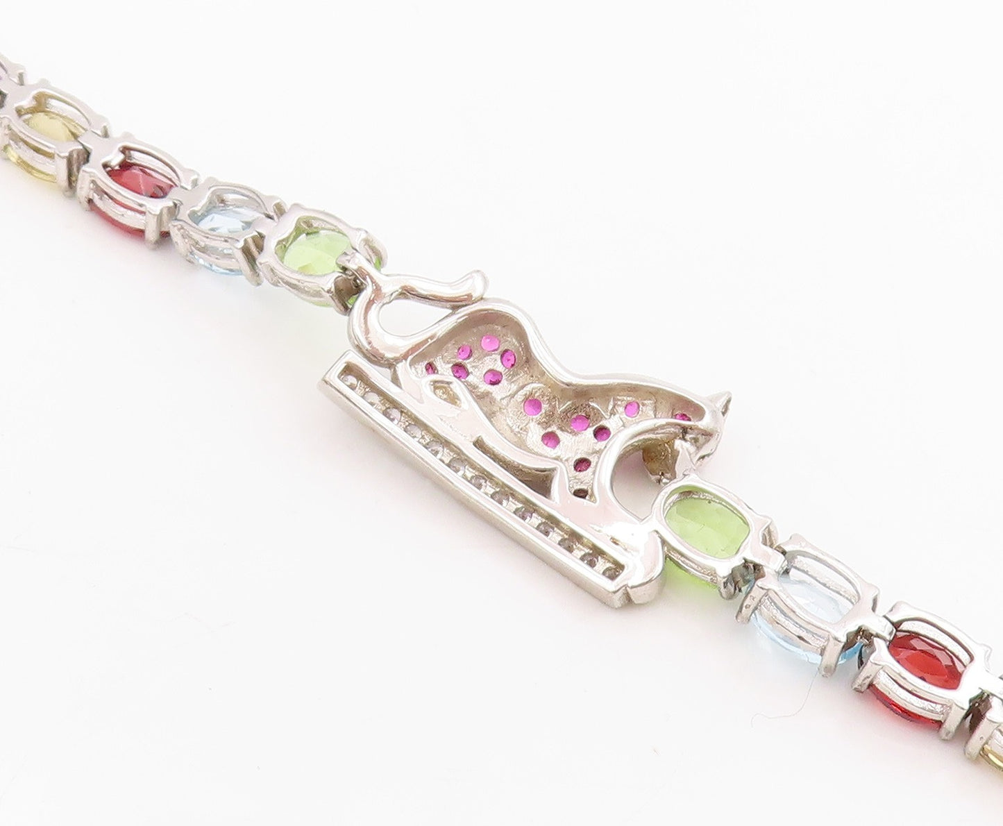 925 Sterling Silver Vintage Bracelet Multi Gemstone & CZ Wild Leopard  BT11550