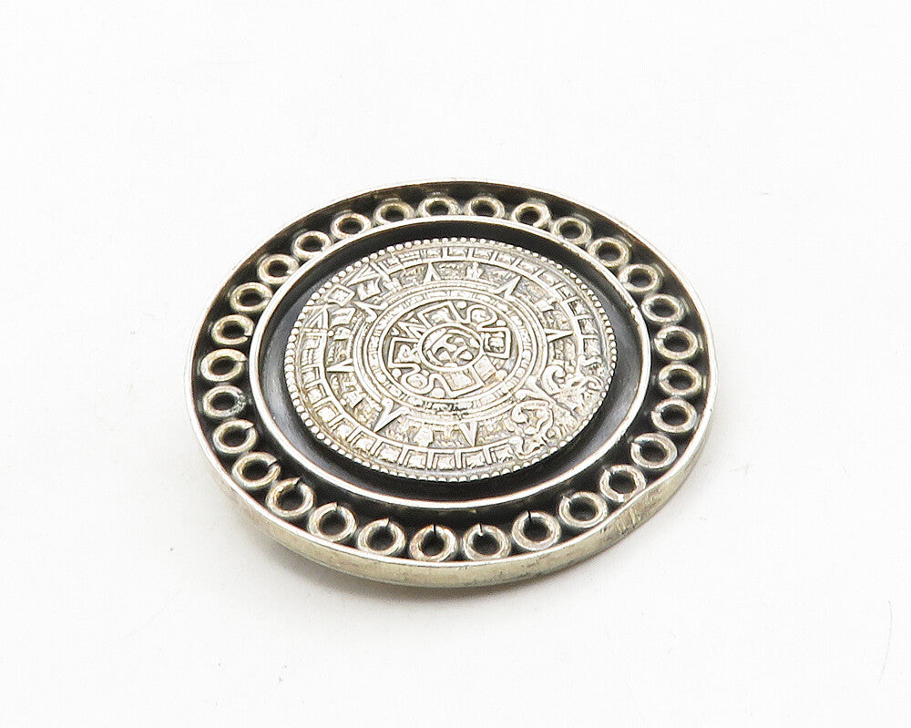 AVG MEXICO 925 Silver  Vintage Mayan Aztec Sun Calendar Brooch Pin  BP4016