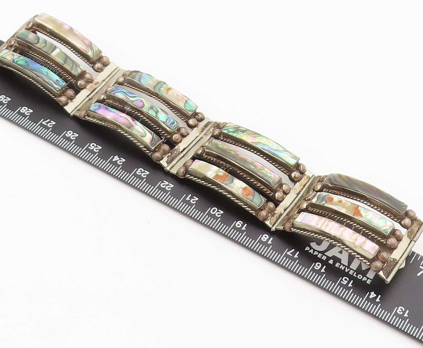 AP MEXICO 925 Silver  Vintage Strip Cut Beaded Abalone Solid Bracelet  BT10113