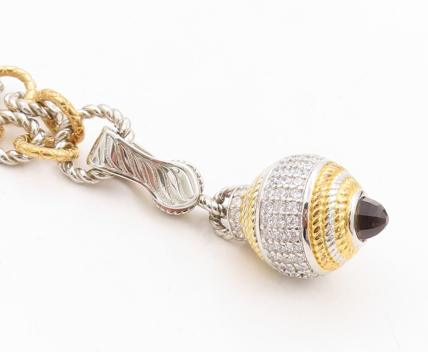 925 Sterling Silver Vintage Necklace Gold Plated Rope Rings CZ Inlay Ball NE4375