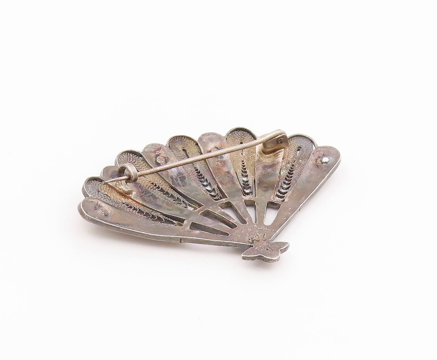 MIDDLE EAST 925 Sterling Silver  Vintage Hand Fan Motif Brooch Pin  BP4910