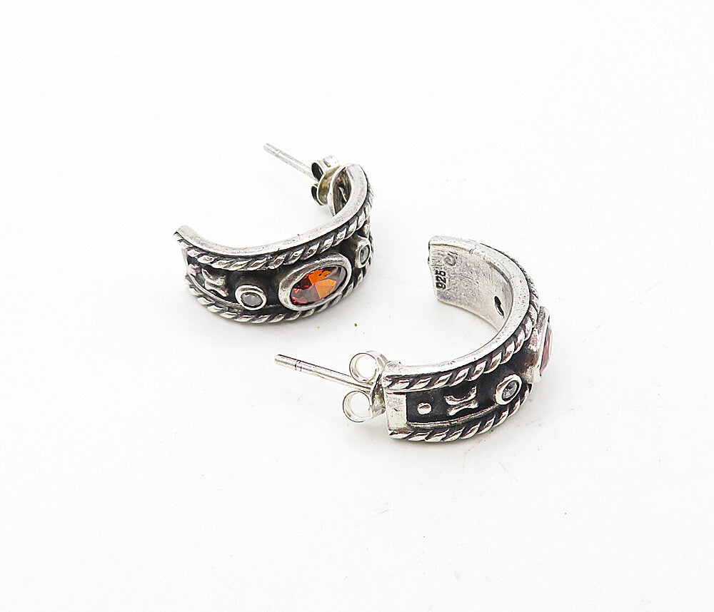 925 Sterling Silver  Vintage Red Topaz Oxidized Twist JHoop Earrings  EG3945